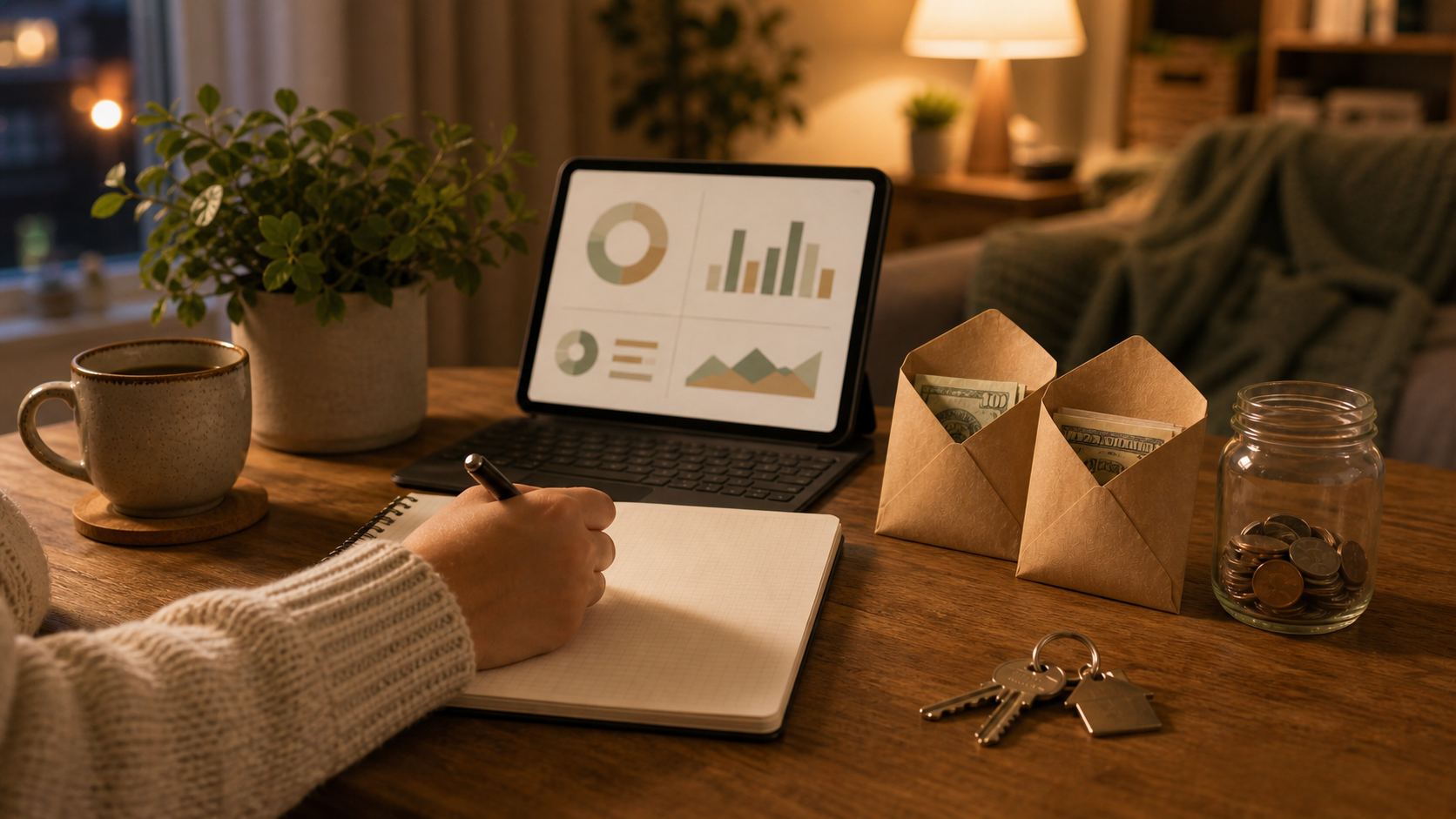 A warm apartment table with a budget laptop, separate house and emergency savings, and keys for a future home