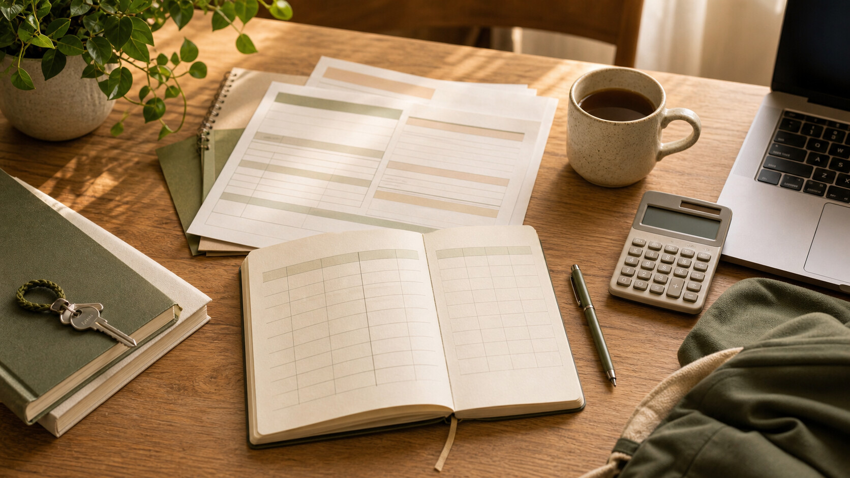 College tuition budget notebook, calculator, and student account papers on a desk