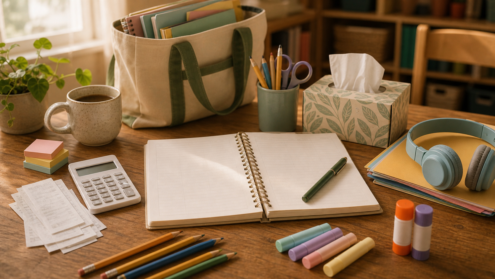 A warm table with a teacher budget notebook, calculator, receipts, folders, markers, tissues, and student headphones for classroom-supply planning