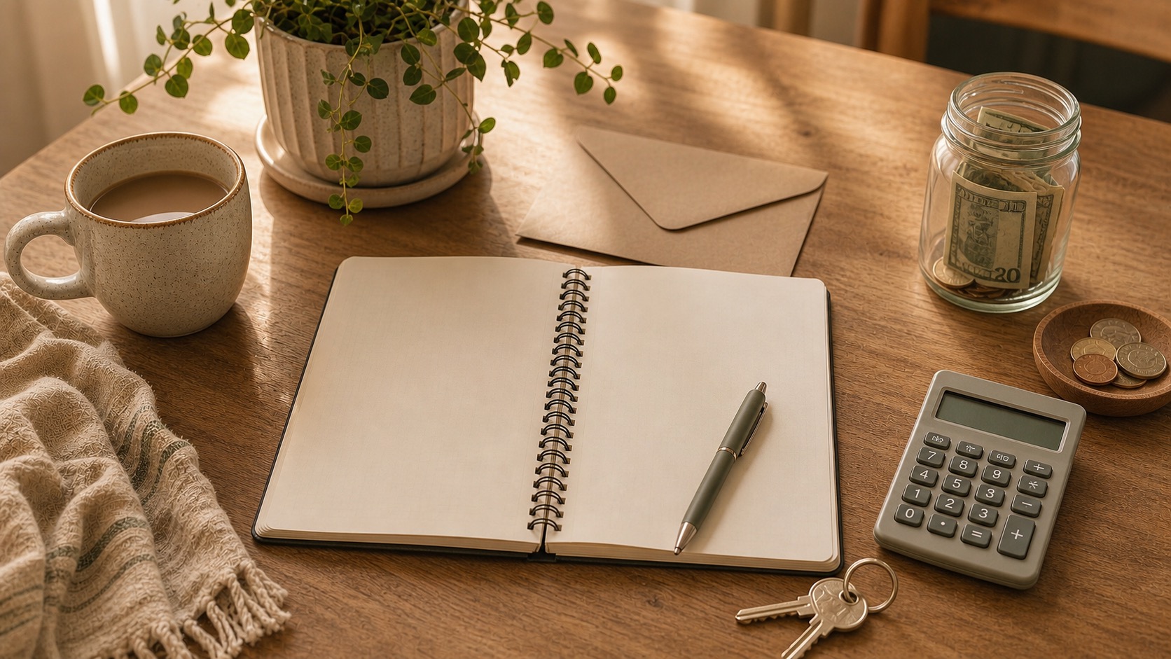 Home budgeting table with notebook, calculator, keys, envelope, and deductible savings jar