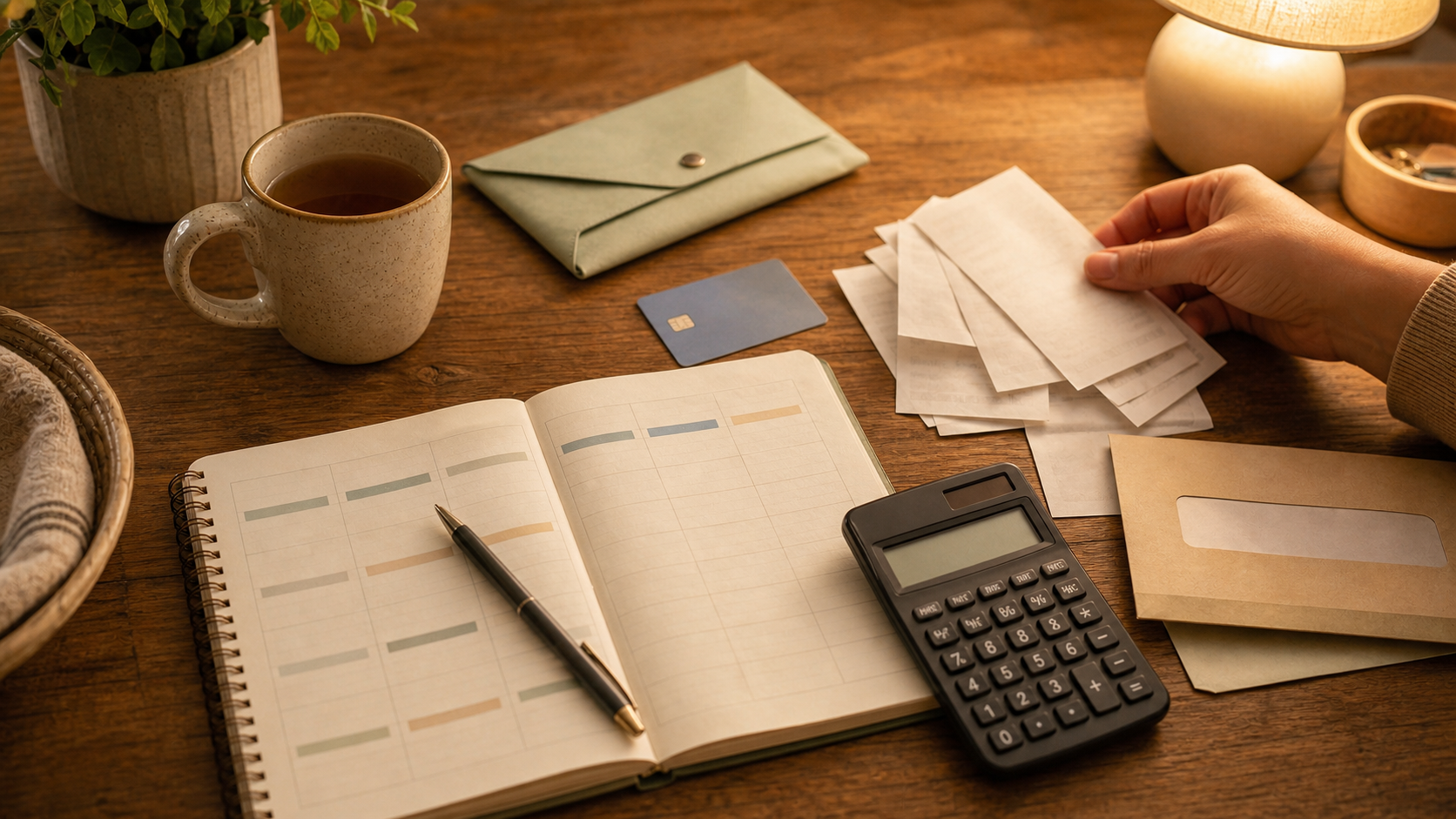 Editorial photo of a health insurance budgeting setup with notebook, calculator, envelope, and hand sorting receipts