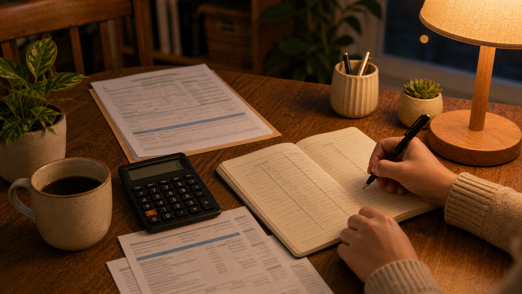 Warm wooden desk with payroll paperwork, tax forms, a calculator, budget notebook, lamp, plant, and a hand writing