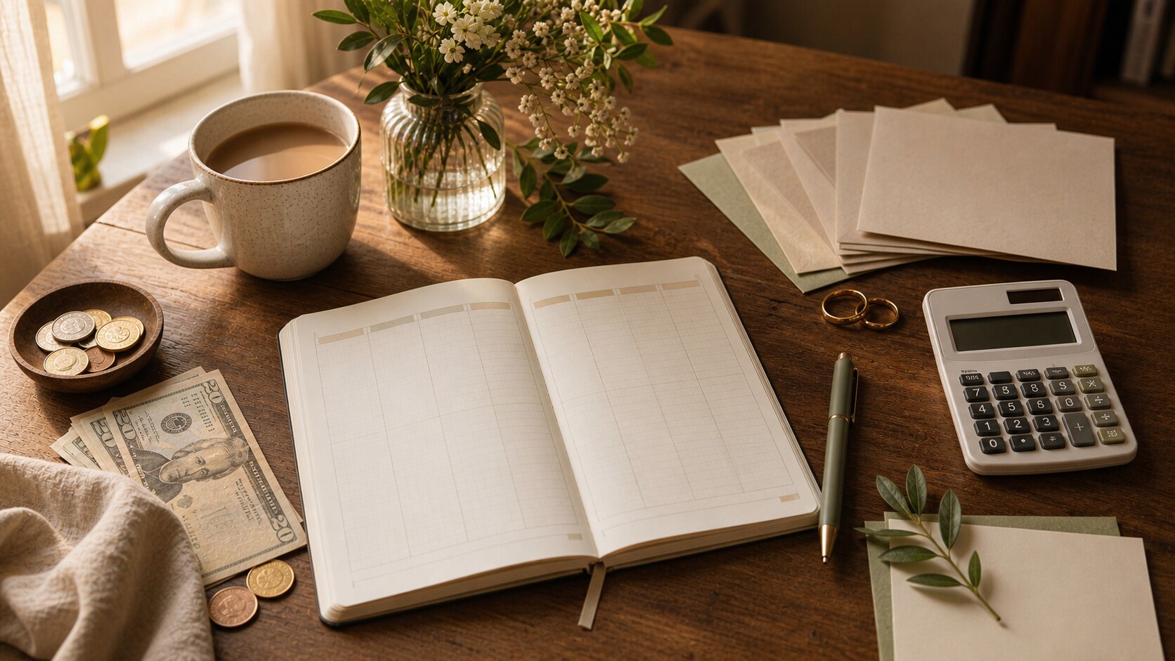 Wedding budget notebook, calculator, envelopes, flowers, rings, and cash on a wooden table