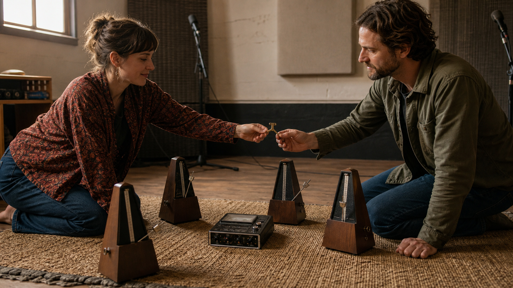 Two podcast co-hosts synchronizing four wooden metronomes around a shared audio recorder