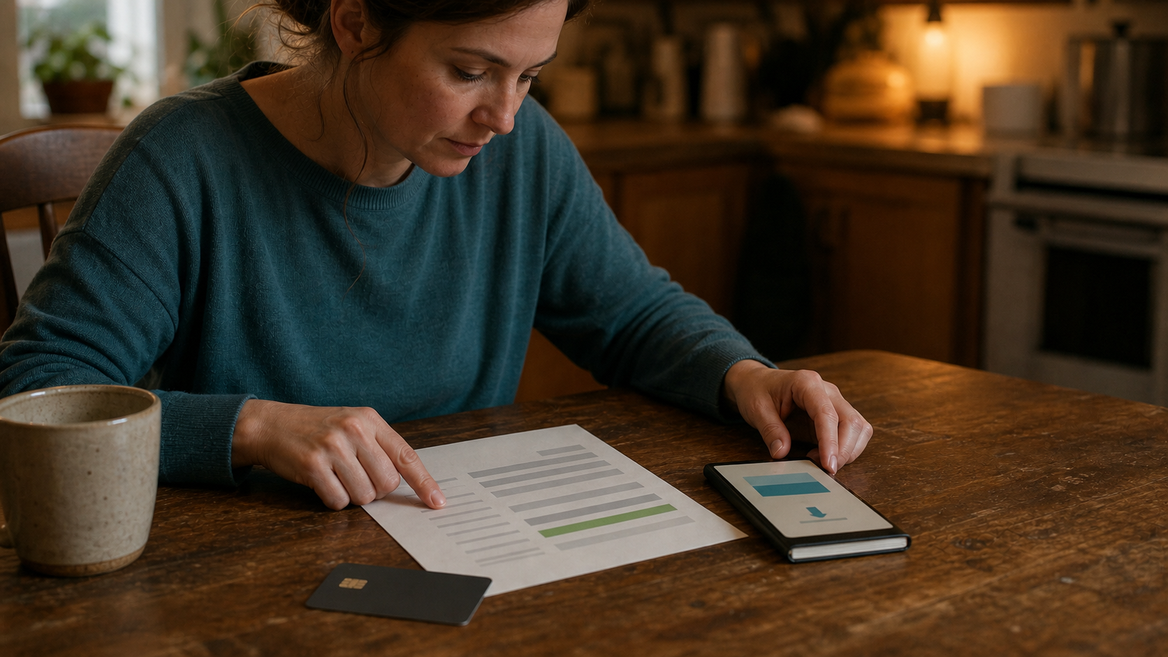 A woman compares a credit card statement with a bank deposit on her phone while tracking cash back at a kitchen table.