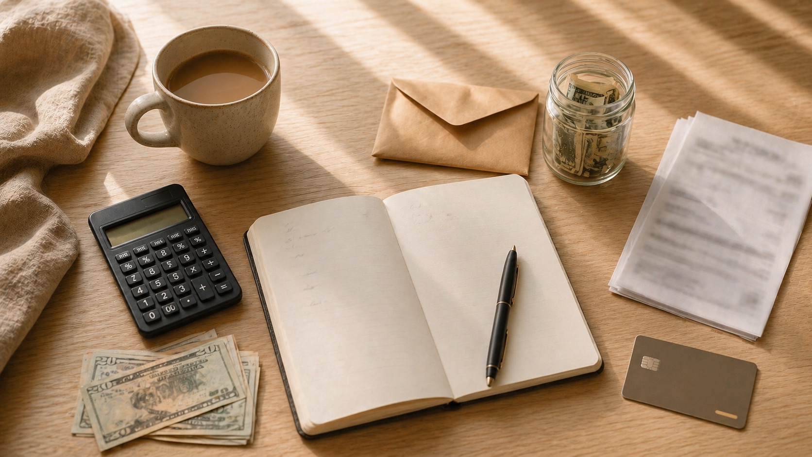 Bodegón editorial cálido con una taza de café, calculadora, cuaderno, sobre, un pequeño tarro con efectivo, papeles de extractos, tarjeta bancaria y dinero en una mesa de madera