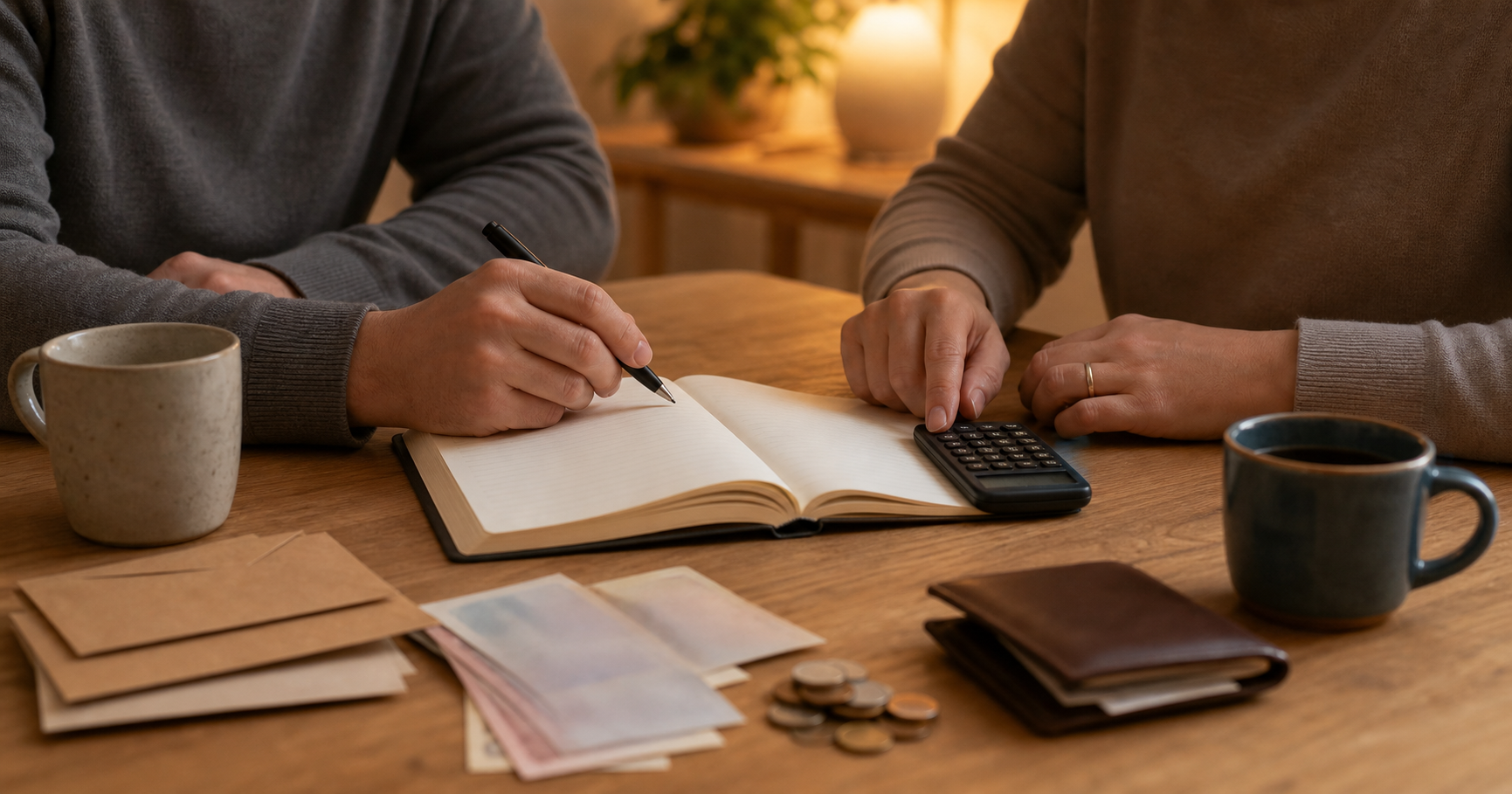 Shared household budget planning with notebook, calculator, envelopes, cash, and coffee