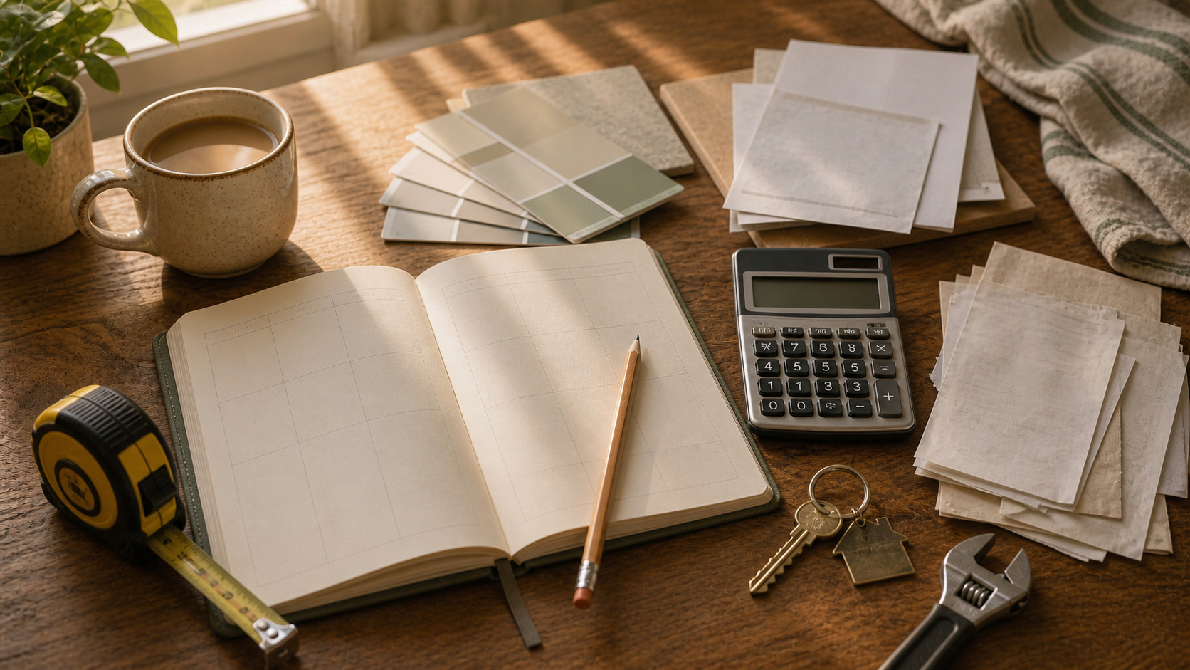 Home renovation budget planning setup with a notebook, calculator, tape measure, paint swatches, coffee mug, and contractor quote papers on a wooden table