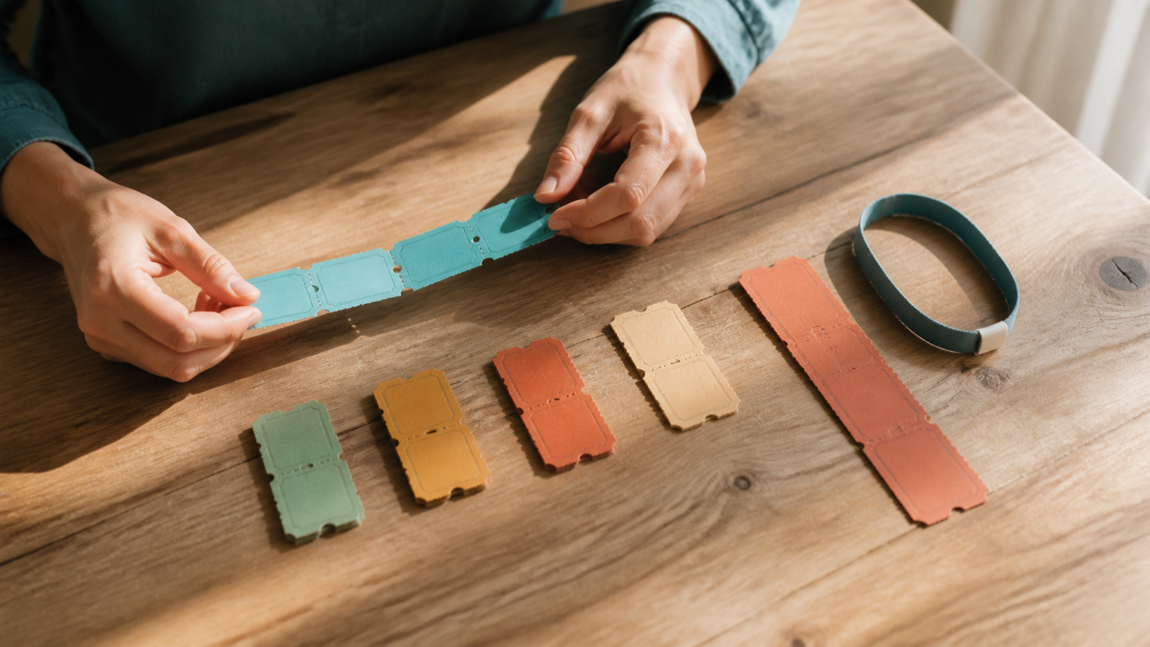 Hands divide colorful tickets into four weekly groups beside a wristband for a larger planned event