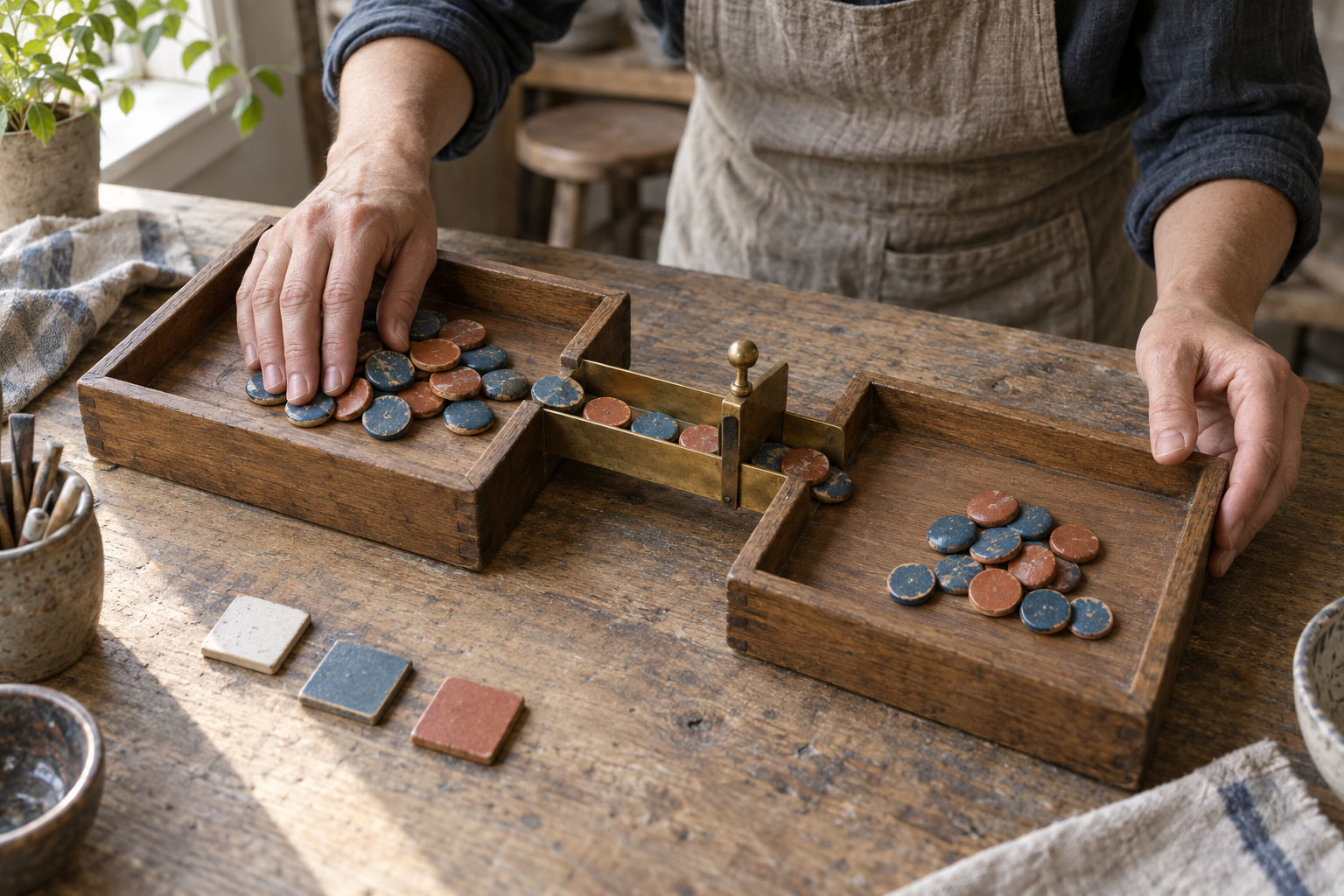 An artisan moves the same ceramic tokens between two connected accounting trays