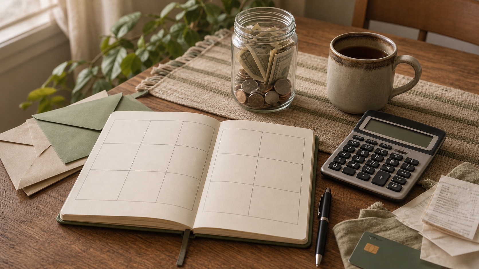 Weekly budgeting setup on a wooden table with a notebook, calculator, envelopes, coffee, and cash jar