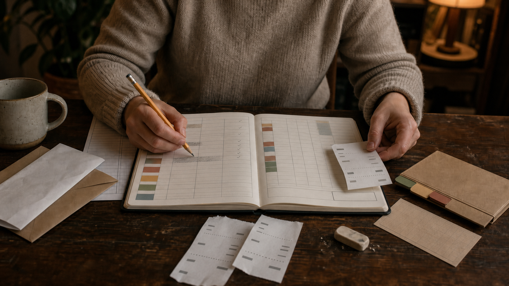 A person making a monthly budget with a paper planner, bills, and abstract receipts