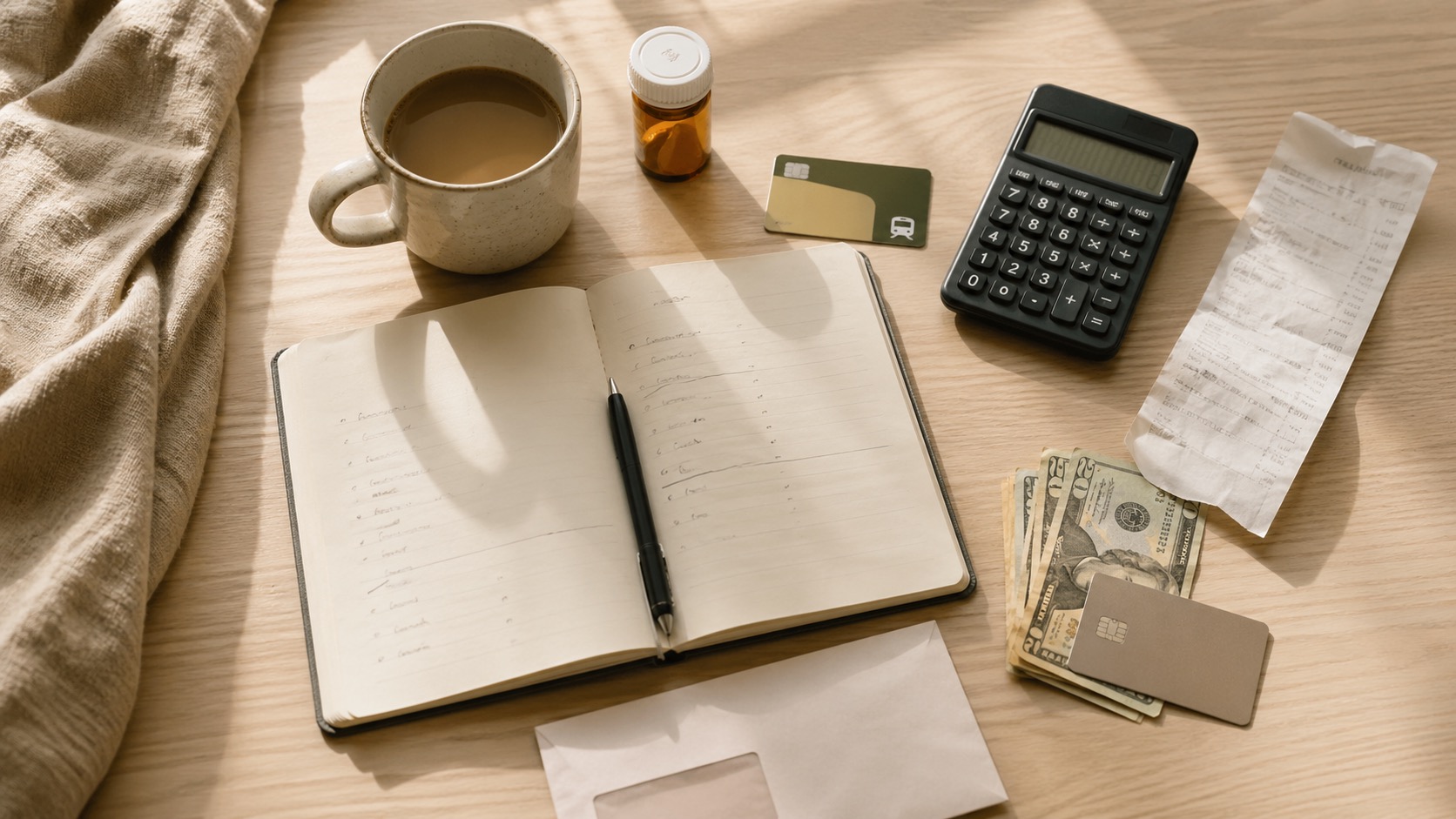 Warm editorial still life with a simple budget notebook, calculator, coffee, receipt, transit card, medicine bottle, cash, and everyday essentials on a table