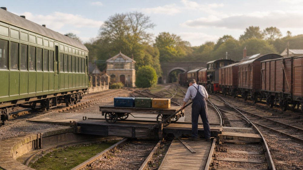 A railway worker tests one wagon between two track systems while both trains remain safely in place