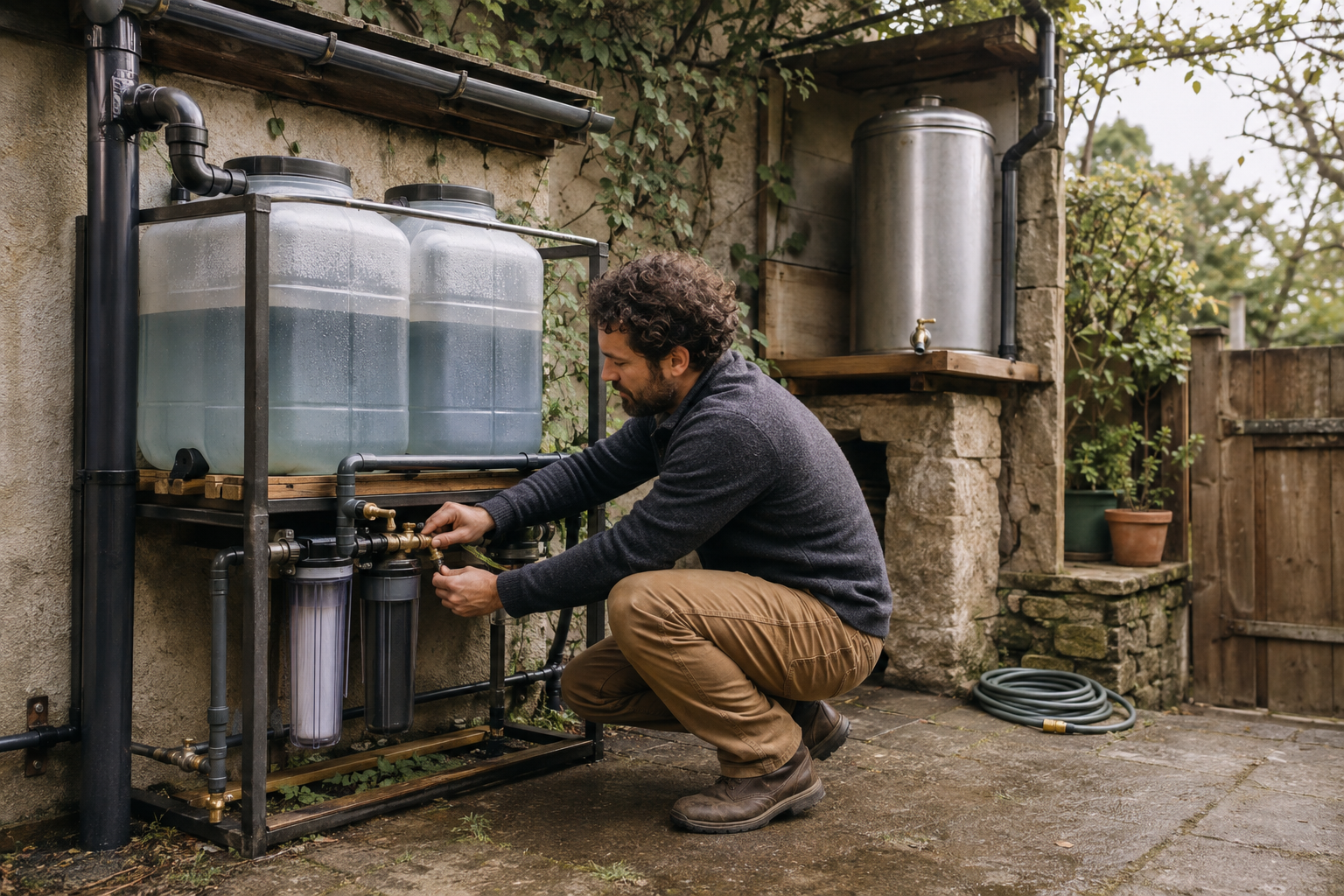 Person maintains a self-contained rainwater system beside a separate reserve tank and disconnected hose