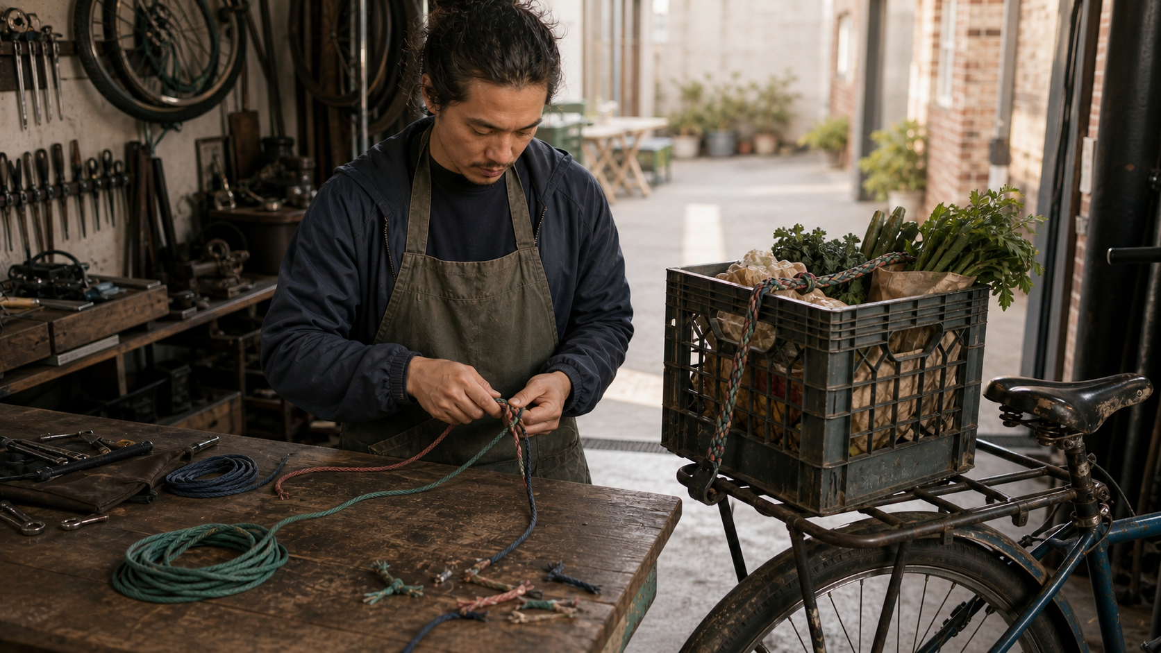 A bicycle courier braids three worn cords into one cargo strap beside a grocery-loaded bike