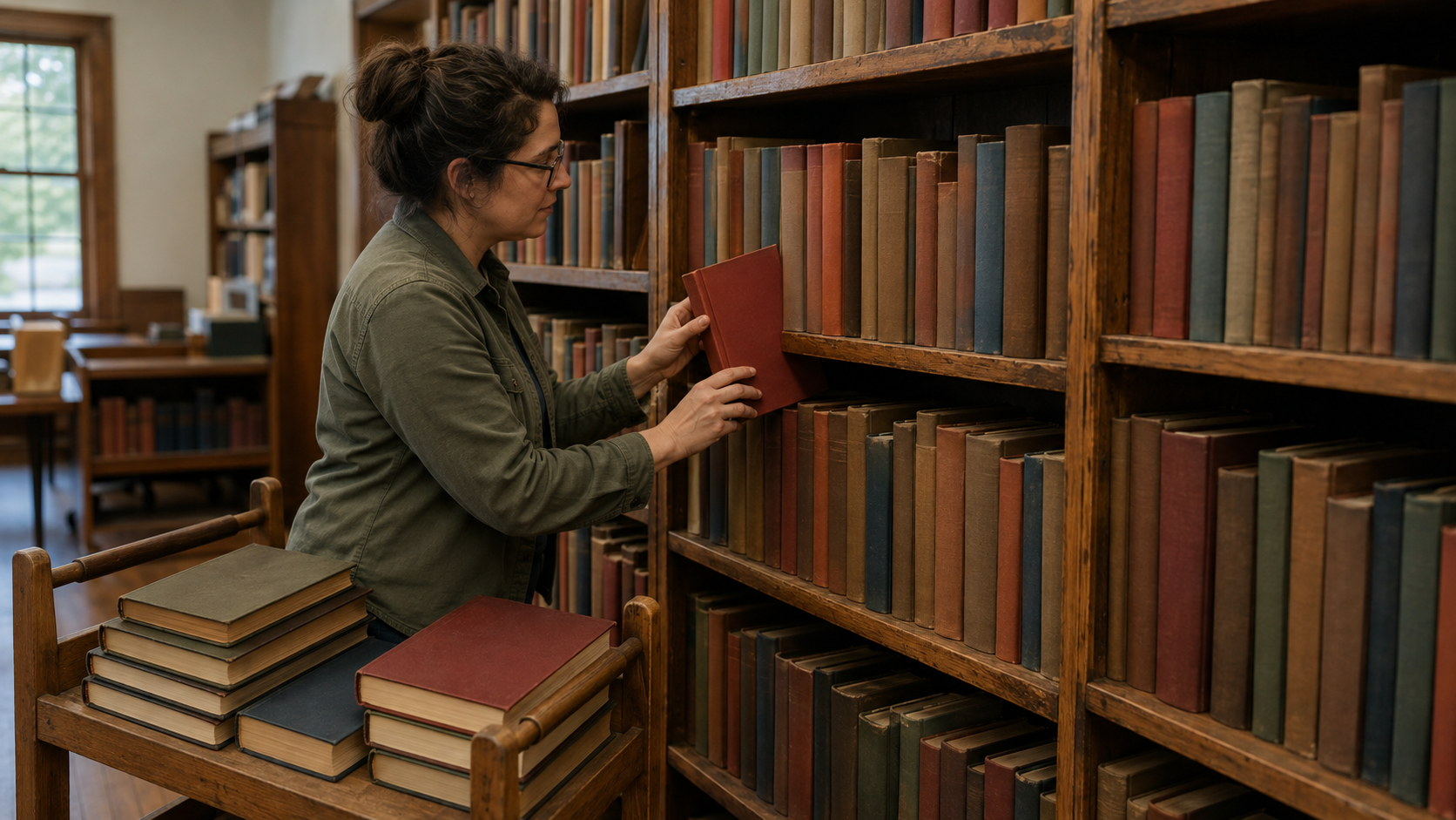 A librarian returns a rust-red book to its exact place on a wooden library shelf
