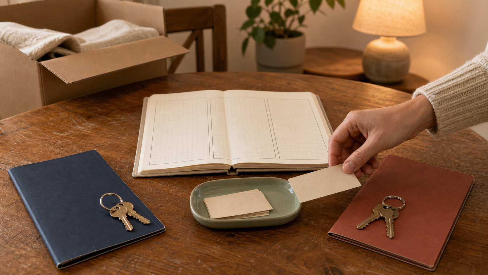 A hand calmly sorts blank budget cards beside a three-part planner and two folders with keys for budgeting after divorce