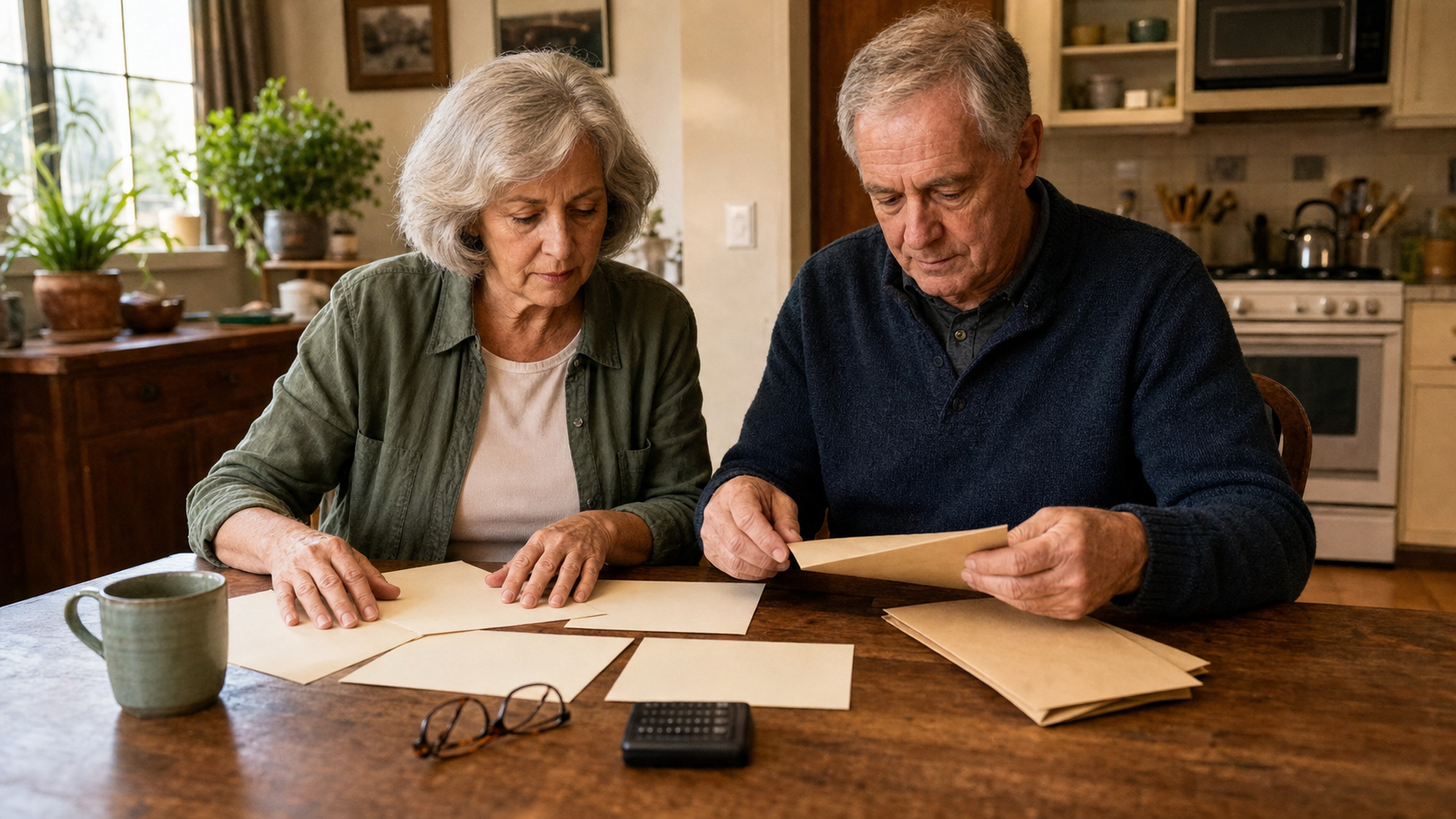 An older couple reviewing a retirement budget together at their kitchen table