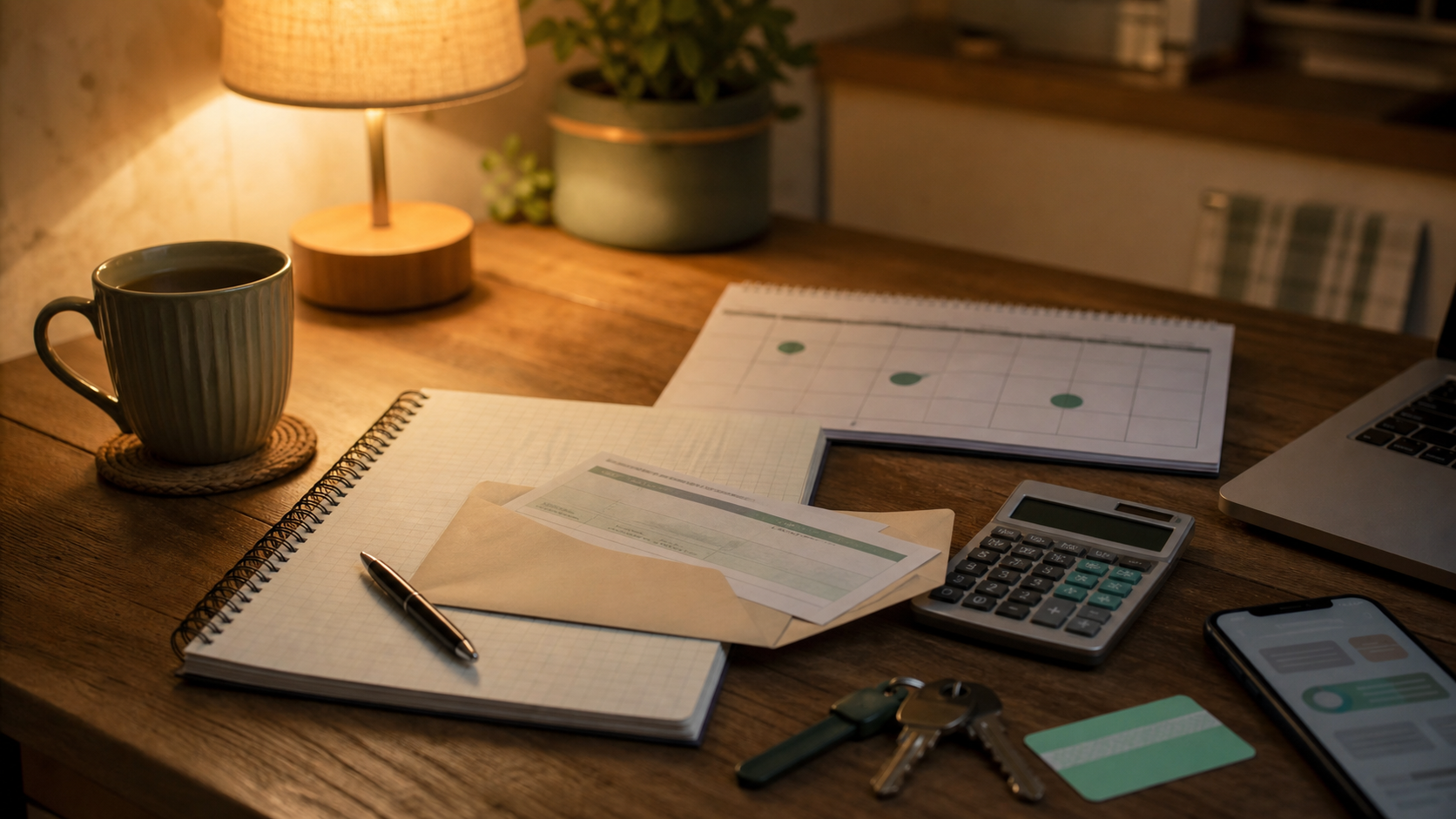 Warm desk setup with a first paycheck, calendar, notebook, and calculator for a starter budget