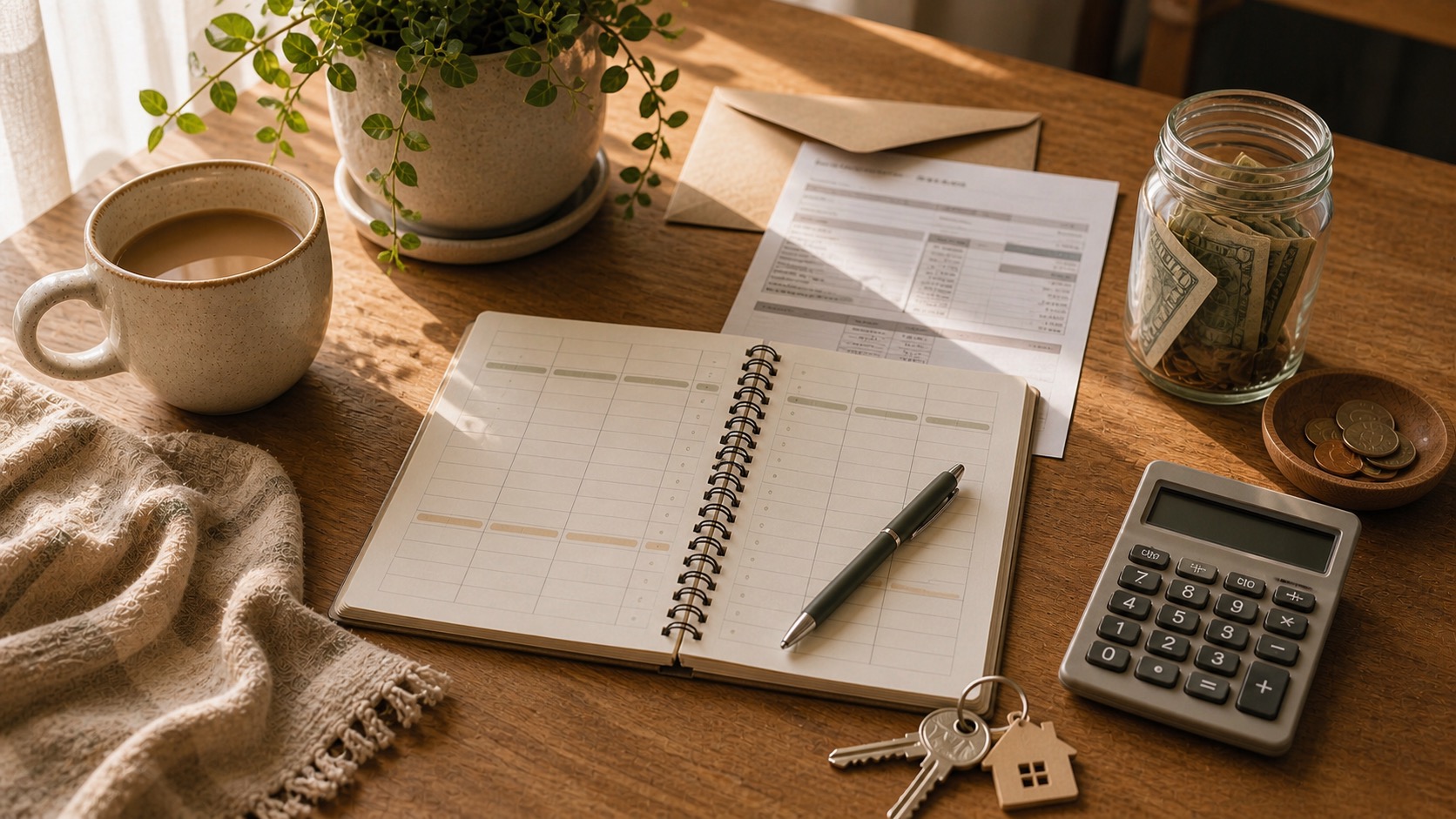 Property tax budgeting table with notebook, calculator, keys, envelope, and savings jar