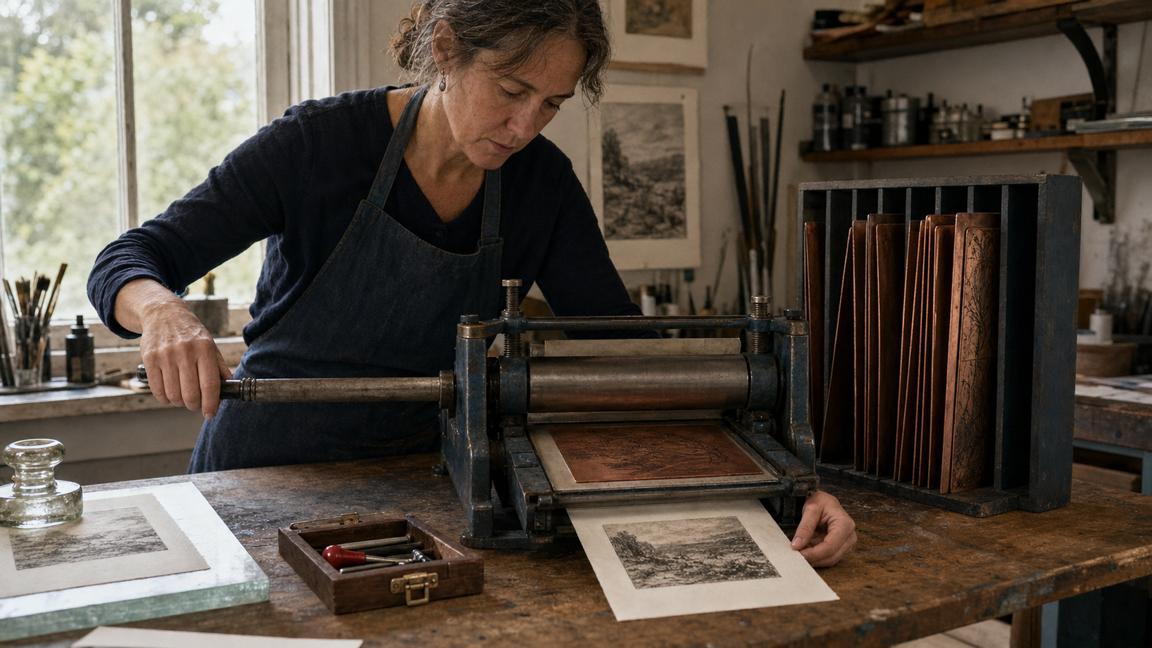 A printmaker compares a protected reference print with a fresh proof made from one selected copper plate