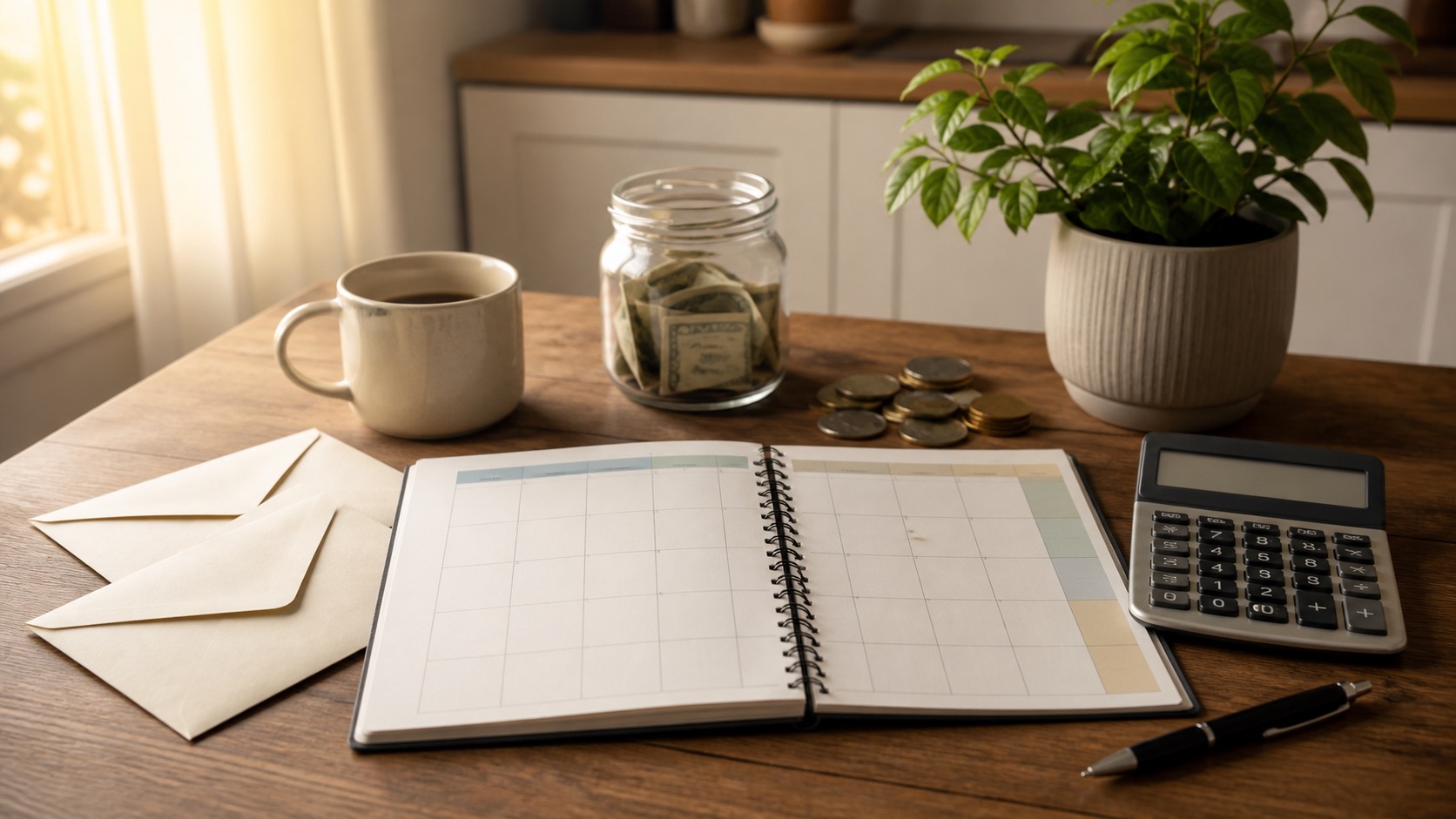 Budget planner with envelopes, cash jar, calculator, coffee mug, and plant for bills due before payday