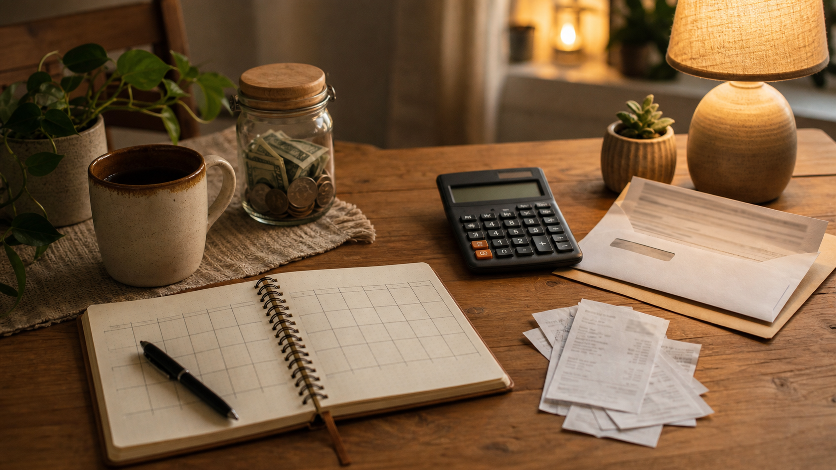 A warm table with a tax notice, budget notebook, calculator, receipts, and a payment-plan setup