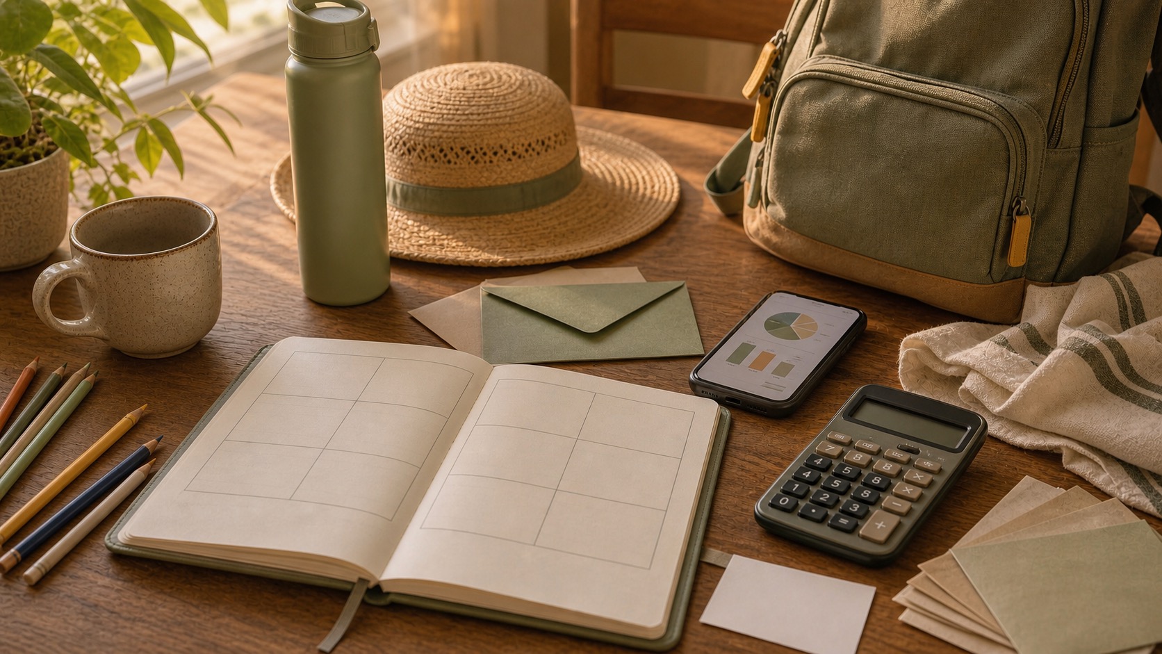 Summer camp budget planning setup on a wooden table with envelopes, a planner, a calculator, a water bottle, and a backpack