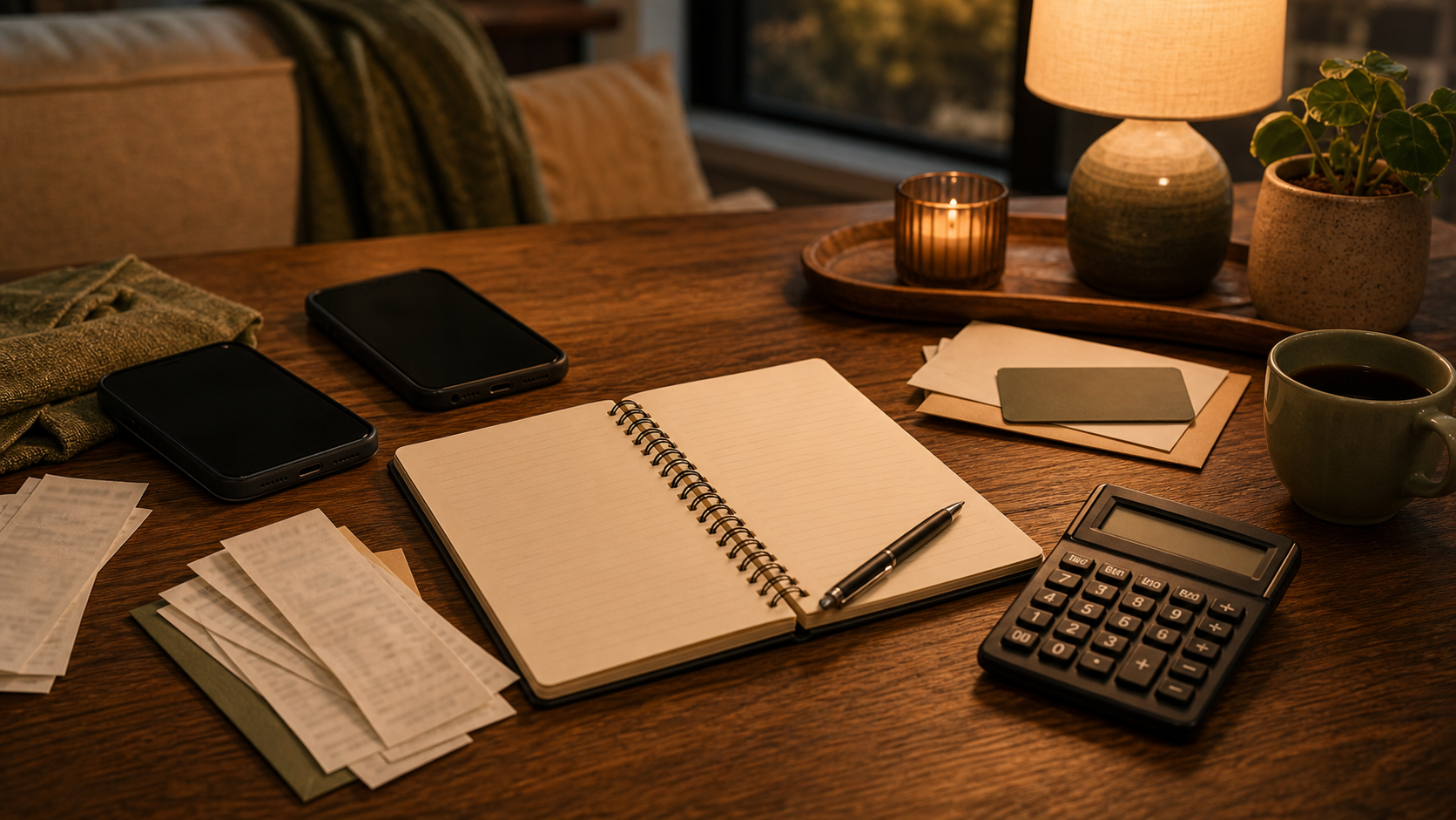 Warm home budgeting table with two phones, notebook, receipts, envelope, calculator, and coffee for tracking shared wallet payments