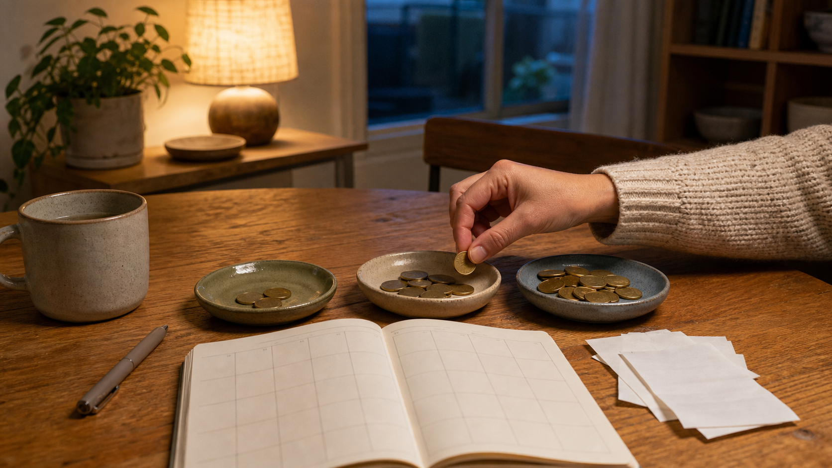 A warm kitchen table with three growing savings groups, a monthly planner, and a hand adding a coin