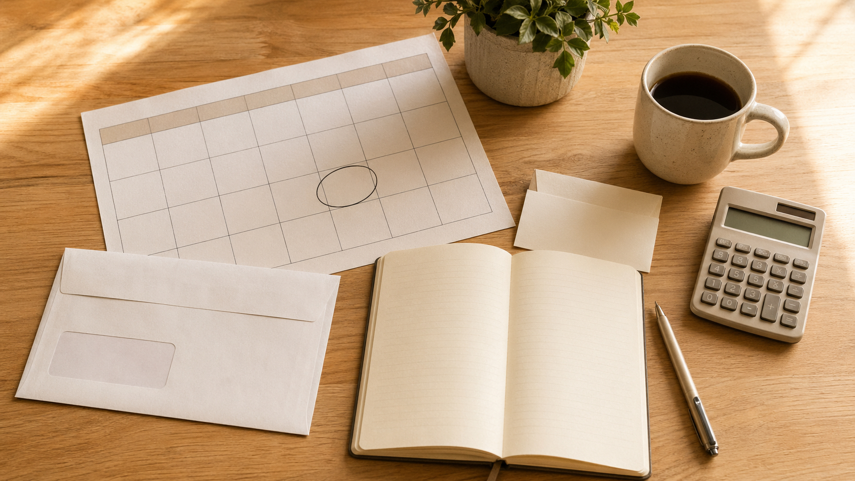 A monthly budget setup with a circled payment date, calculator, notebook, coffee mug, and a student loan statement envelope on a wooden desk.