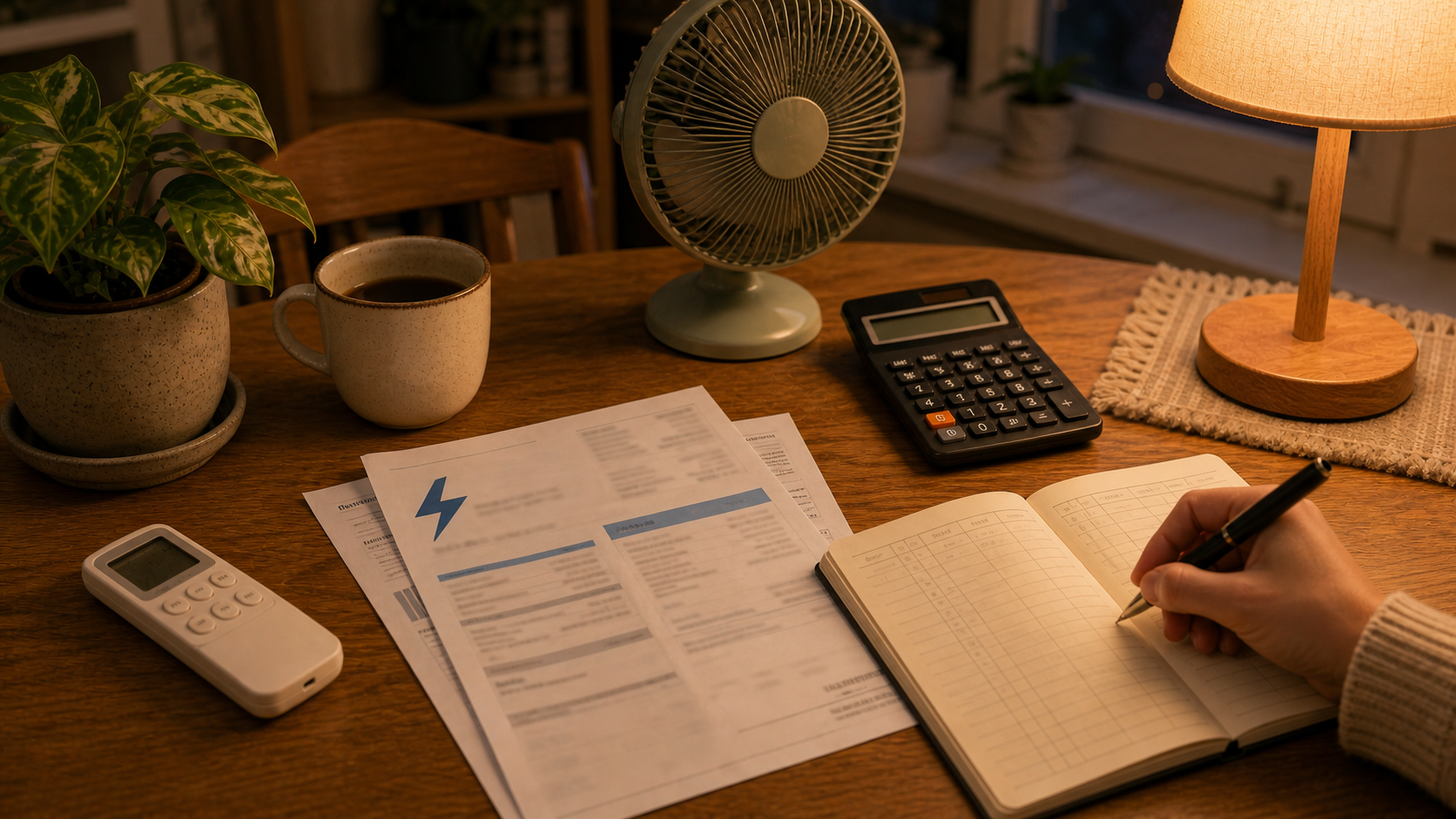 A warm table with an electric bill, calculator, notebook, desk fan, and AC remote for planning a higher electric bill budget