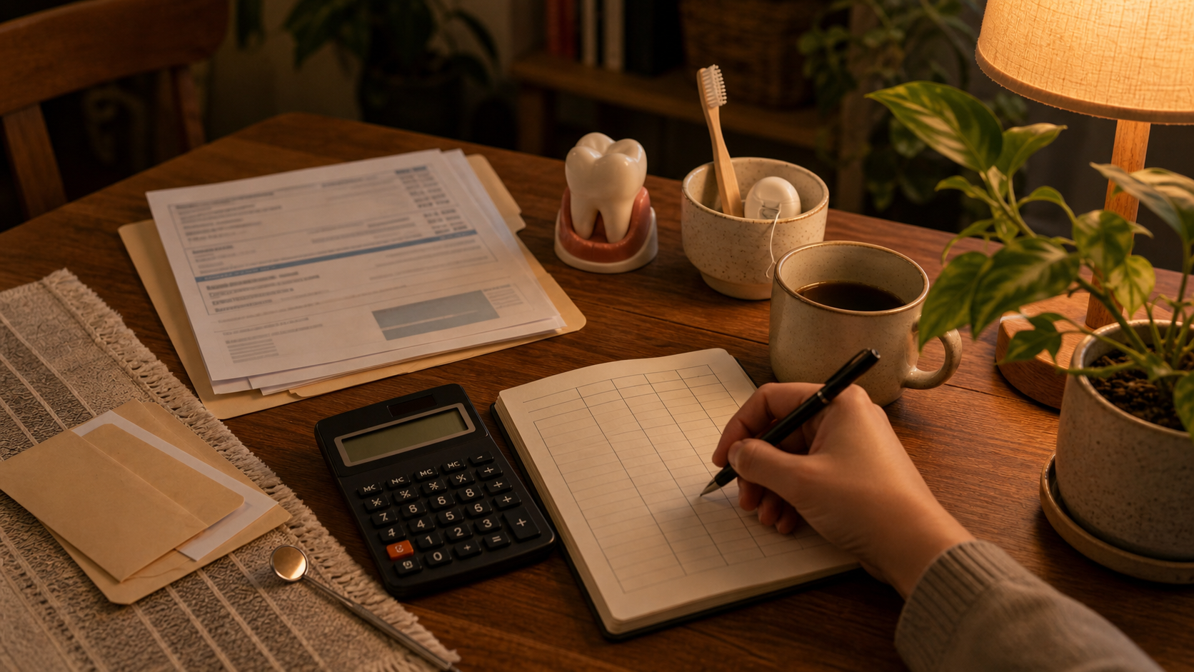 A warm table with a dental treatment estimate, calculator, notebook, and dental care items for planning a dental work budget