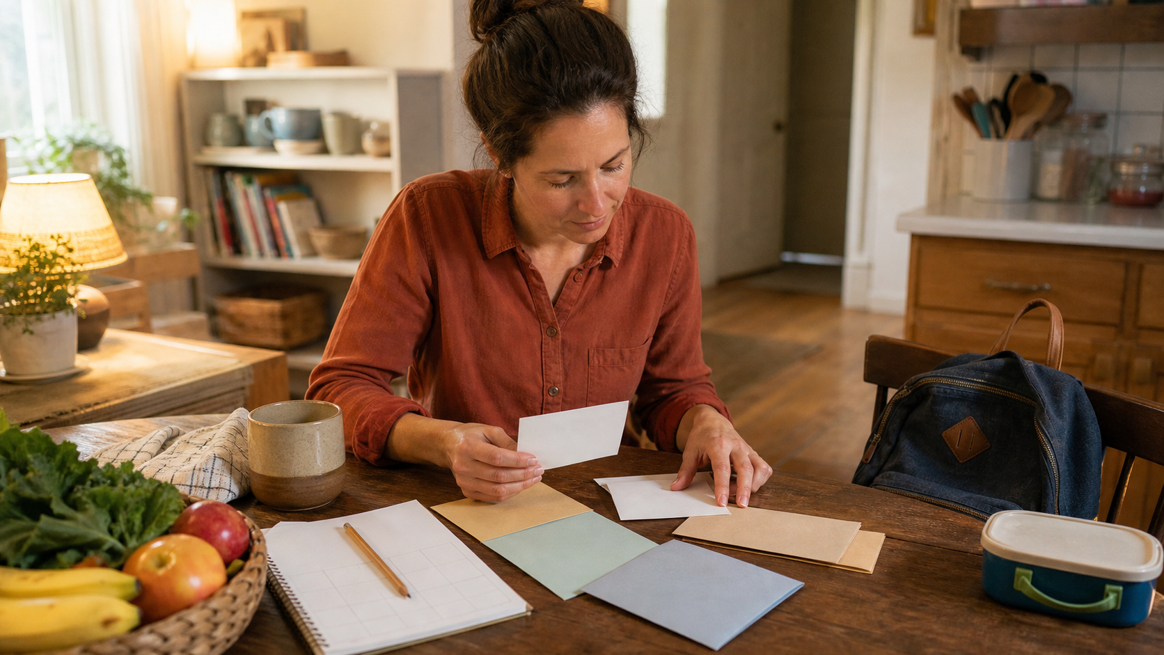 A single parent sorts budget envelopes beside groceries and a child's backpack at the kitchen table