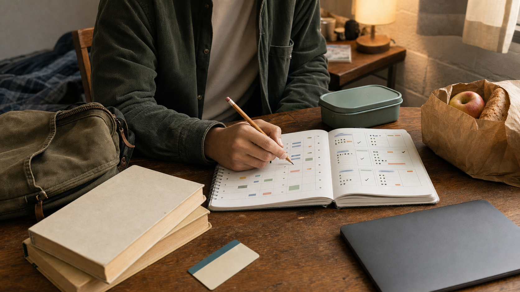 A college student plans a semester budget at a warm dorm-room desk with books, groceries, and a laptop