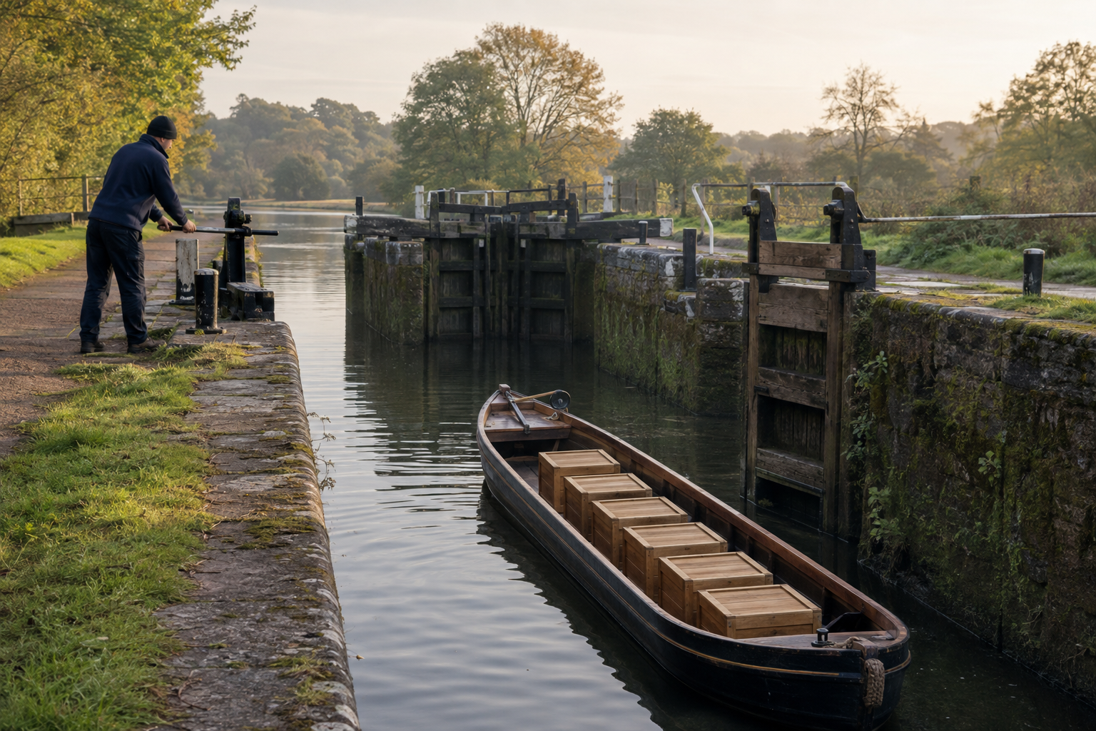 A lockkeeper guides a narrowboat carrying six wooden crates through a stone canal lock