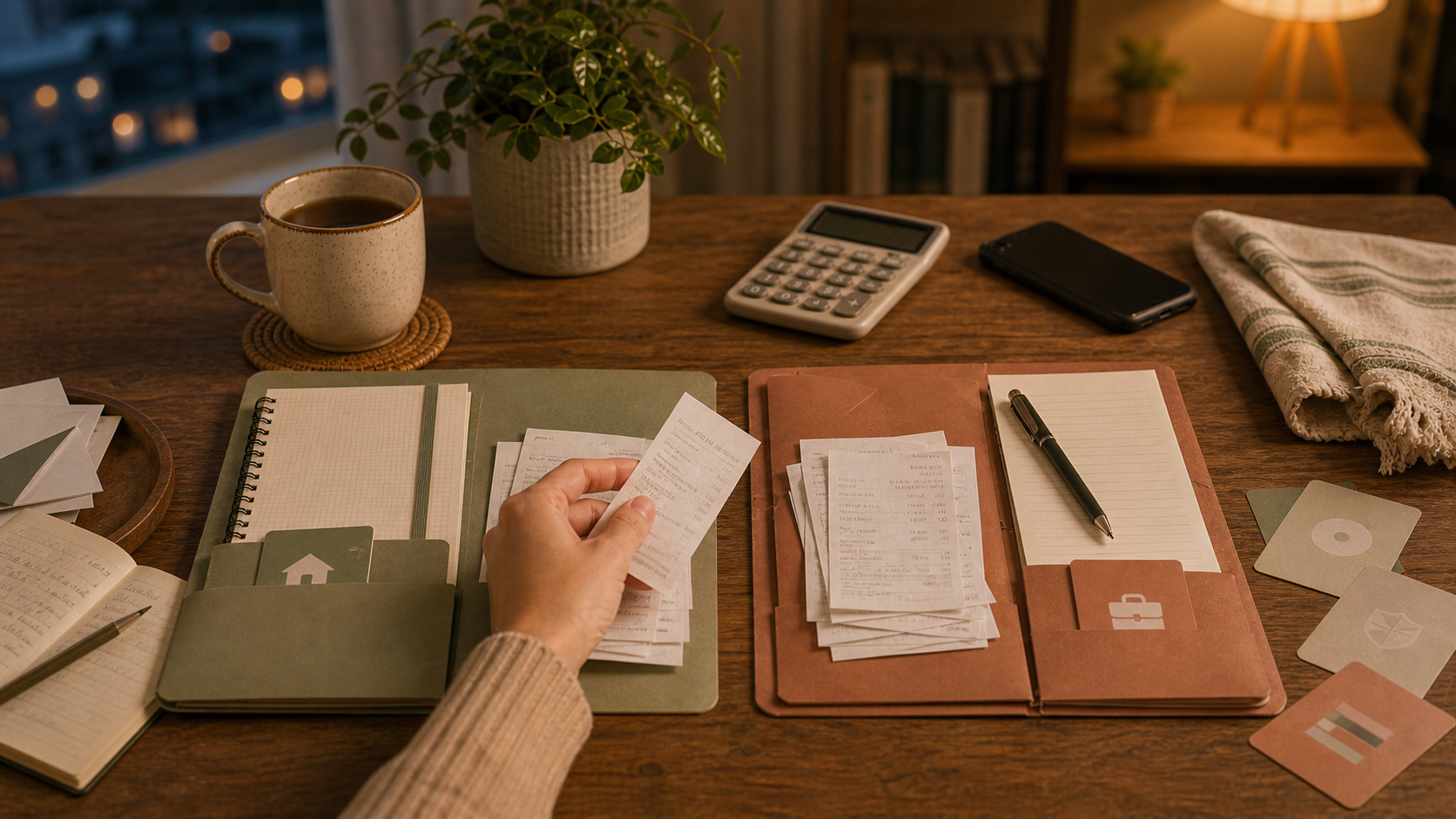 A warm desk with separate business and personal expense folders, receipts, a calculator, and a hand sorting paperwork